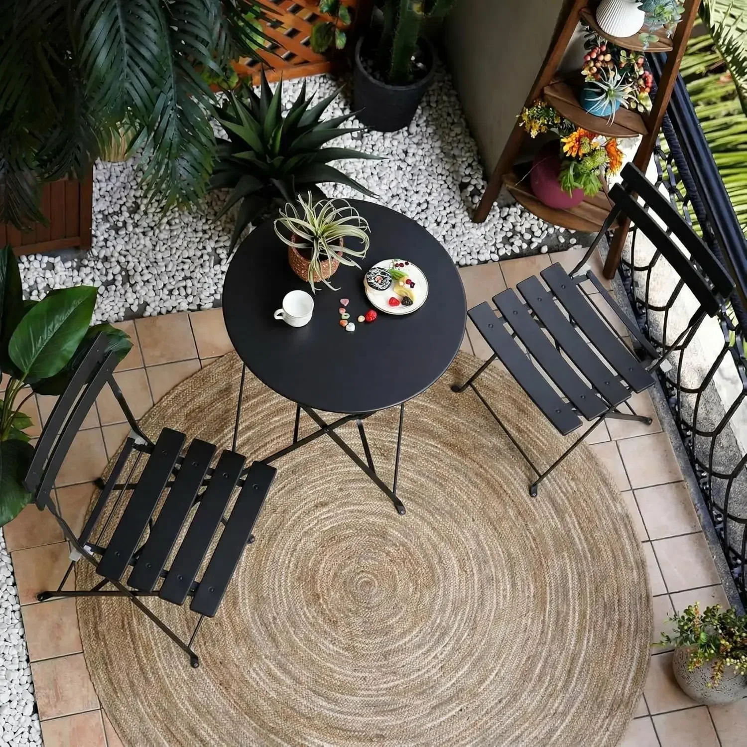 3-Piece Folding Bistro Set, 2 Chairs and 1 Table, Weather-Resistant Outdoor/Indoor Conversation Set for Patio, Yard, Garden-Blac