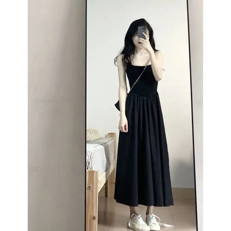 150cm Petite girls French Hepburn Style Suspender Dress Women's High-end Waistband A-line Mid Length Bottom Skirt XS Summer