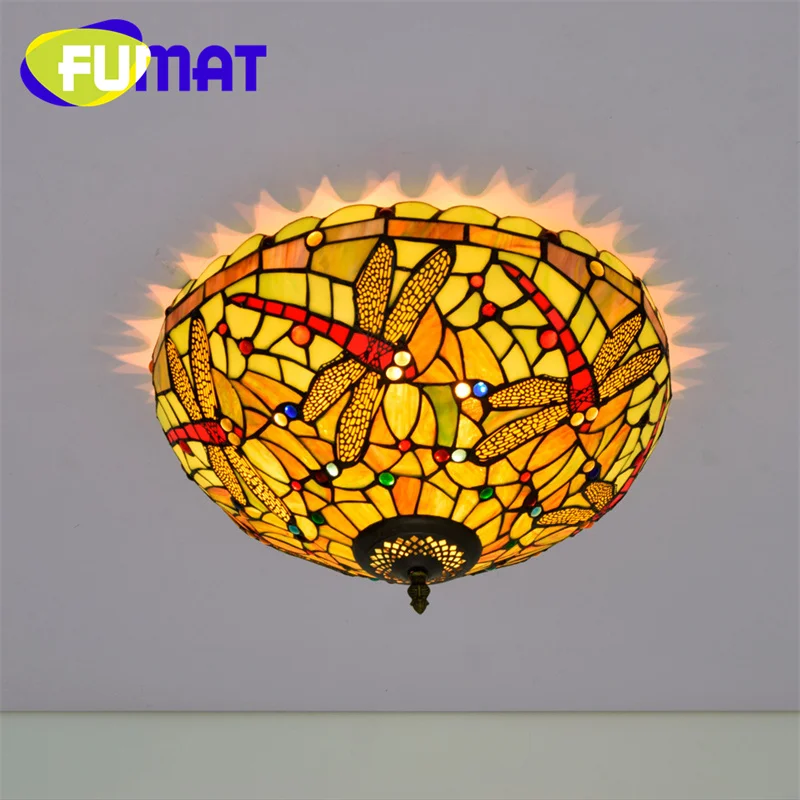 FUMAT Tiffany Dragonfly stained glass 16inch ceiling light deco the dining room bedroom hallway bathroom green overhead light