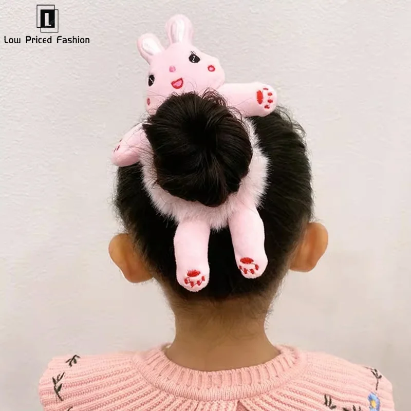 Anel de cabelo de urso de pelúcia de desenho animado, 2 peças, não machuca o cabelo, laço de cabelo das crianças, corda de cabelo coreana, cabeça de mármore, acessórios de cabelo