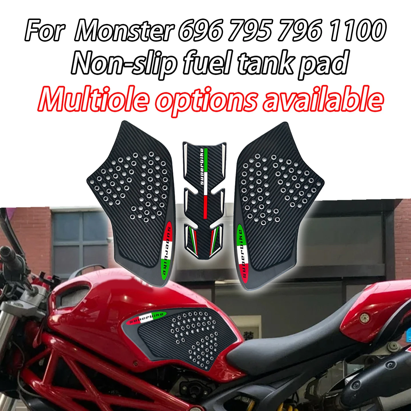

Подходит для мотоциклов Ducati Monster 696, 795, 796, 1100, 1100S: резиновые защитные накладки, наклейки на бак, противоскользящие наклейки на бак.