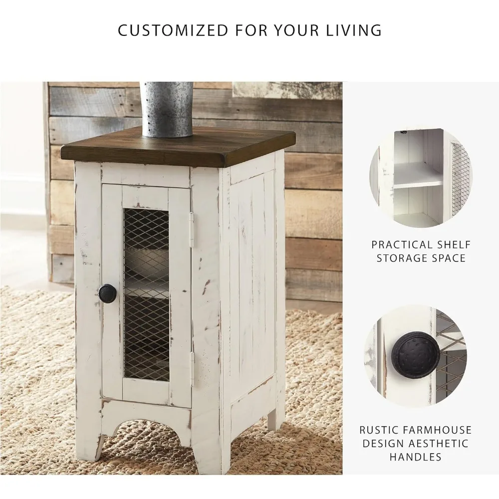 طاولة جانبية للكرسي على طراز المزرعة مع خزانة تخزين، لمسة نهائية باللونين الأبيض والبني