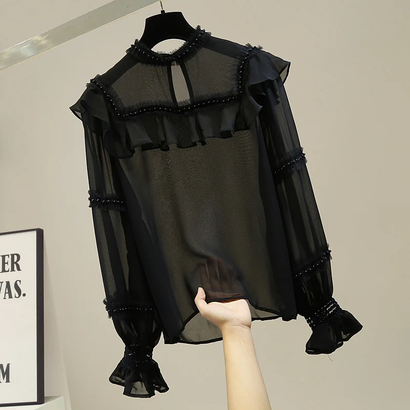 

High-End Handmade Beaded Lace Splicing Thin See-tough Chiffon Top Faion Design Versatile Top Trendy Korean Sle Lon...