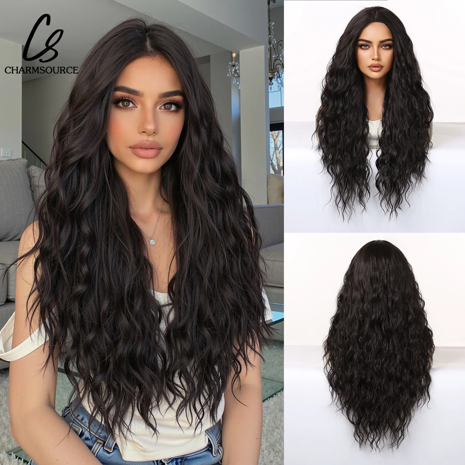 

CharmSource Synthetic Wig Long Curly Black Brown Wigs without Bangs for Women Daily Party Cosplay Wedding High Density