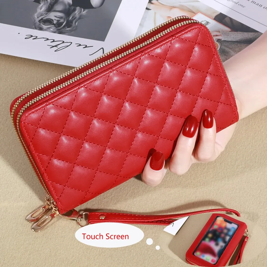 New Wallet Women's European and American Touchscreen Card Bag Double Layer Zipper Handle Bag Plaid Embroidered Mobile Phone Bag