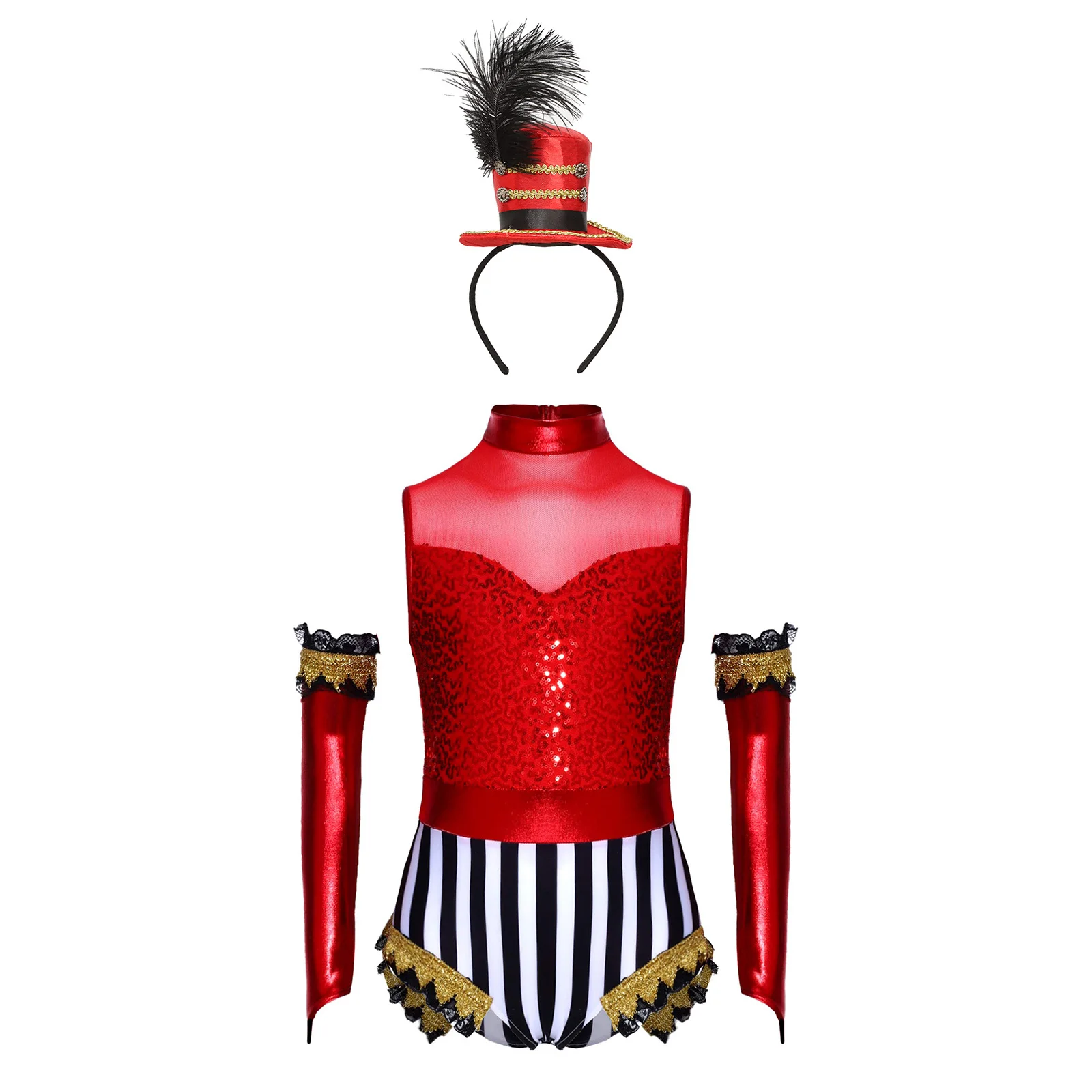 أطفال بنات أكمام الترتر ملابس رقص الجمباز مع الأكمام الطويلة هالوين كرنفال حفلة السيرك Ringmaster الساحر تأثيري حلي