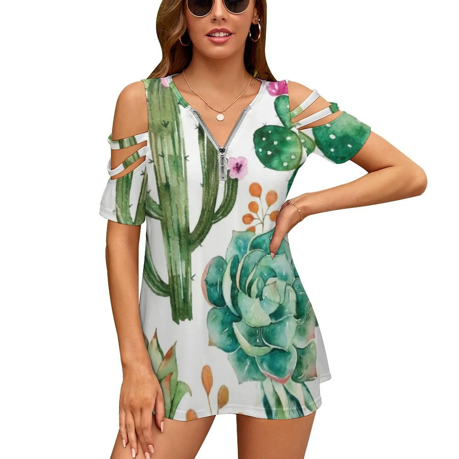 Watercolor Cactus Pattern New Fashion Zip Off Shoulder Top Short-Sleeve Women Shirt Cactus Cacti Watercolor Blossom Flowers