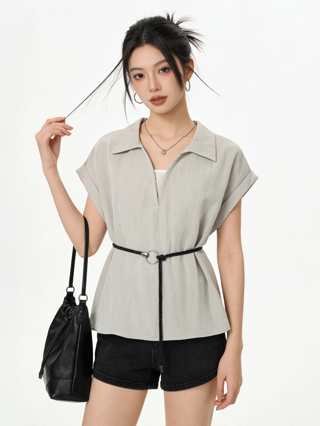 

Ретро-корейская полосатая рубашка с воротником и вставками, имитация двухслойности, для ранней весны, для офиса, стройнящий топ, дышащий, с коротким рукавом