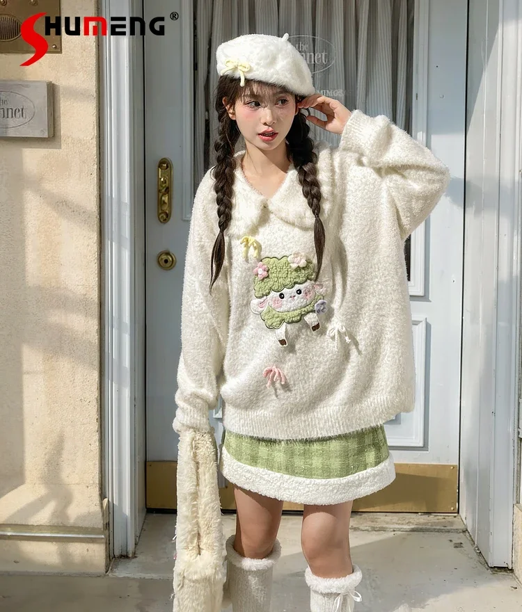 Original Girl Sweet Cute Cartoon Loose Sweater Women's 2024 Autumn Winter New Knitwear Long-sleeved Top Plaid Casual Pants Skirt