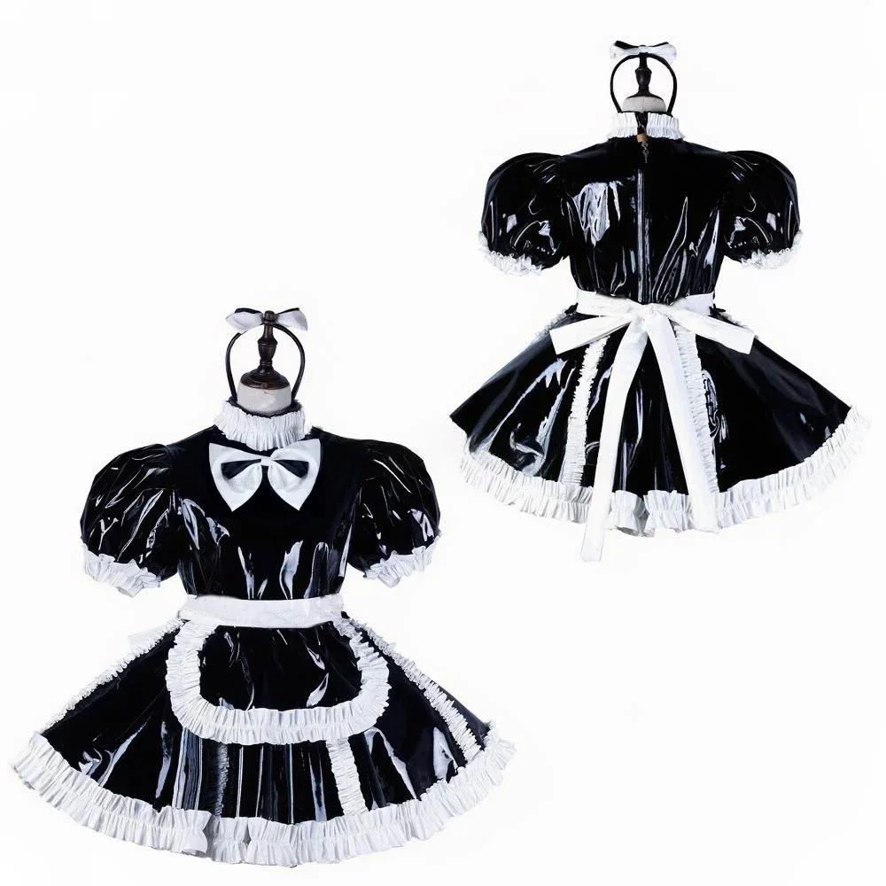 

Sexy Sissy French maid black PV lockable, bow tie ruffle edge cosplay costume customizable