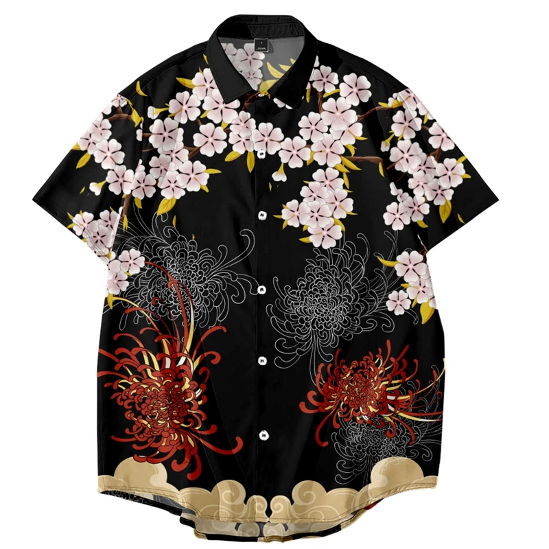 

2023 Men Hawaiian Shirt Fashion Summer Short Sleeve Harajuku Anime Cat Sakura Shirt Japanese Style Print Men Oversized Clothing