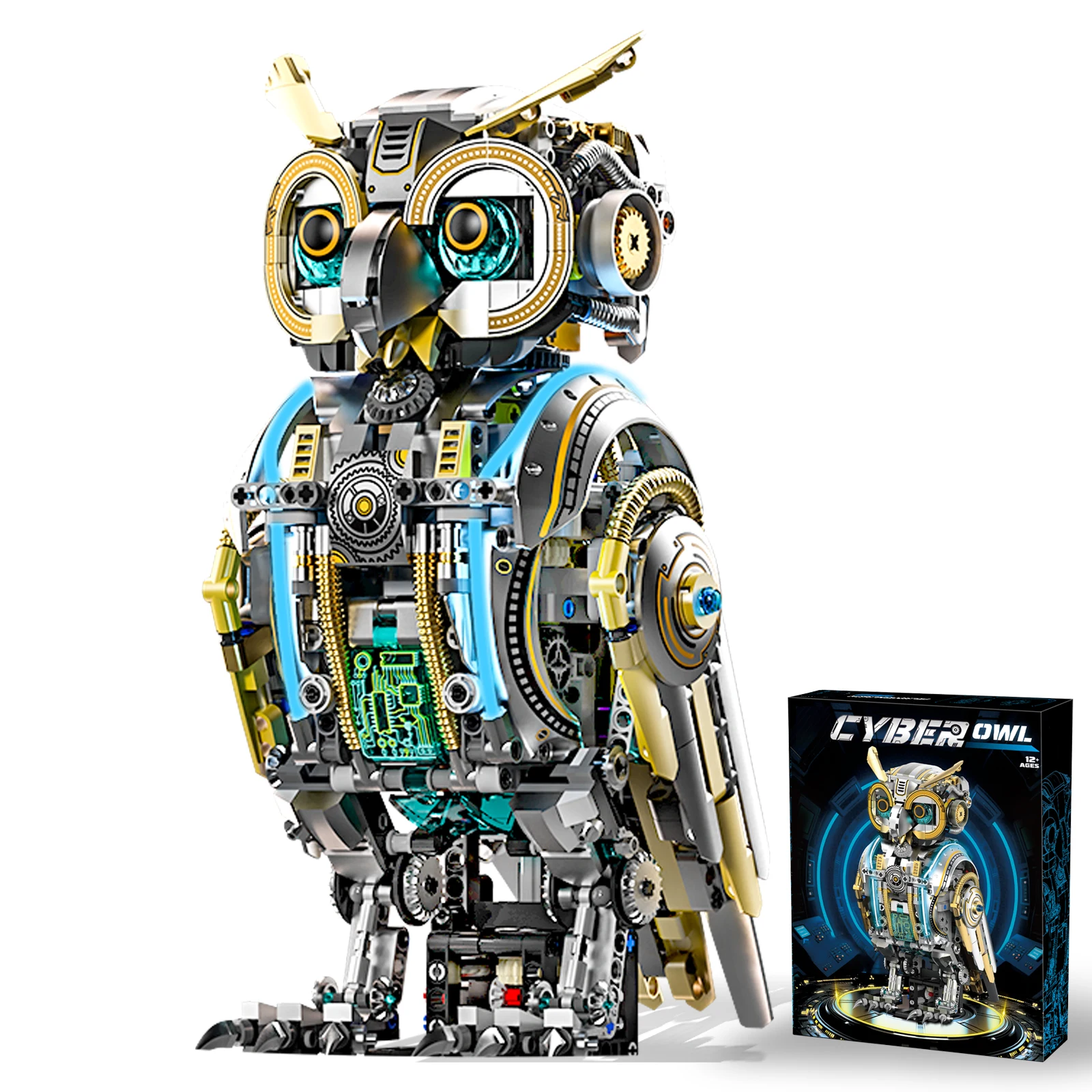 Steampunk Style Animal Building Blocks Featuring an Owl with Articulated Joints and Light up Function Ideal for Tabletop Display