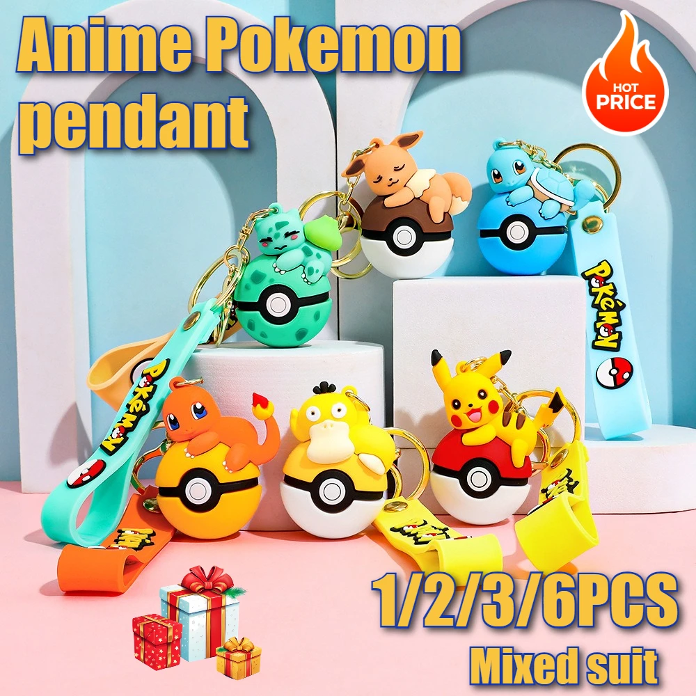 6-teiliges Kawaii Anime Schlüsselanhänger-Set Eevee Charmander Figuren Schlüsselringe für Taschen Rucksäcke Geschenke
