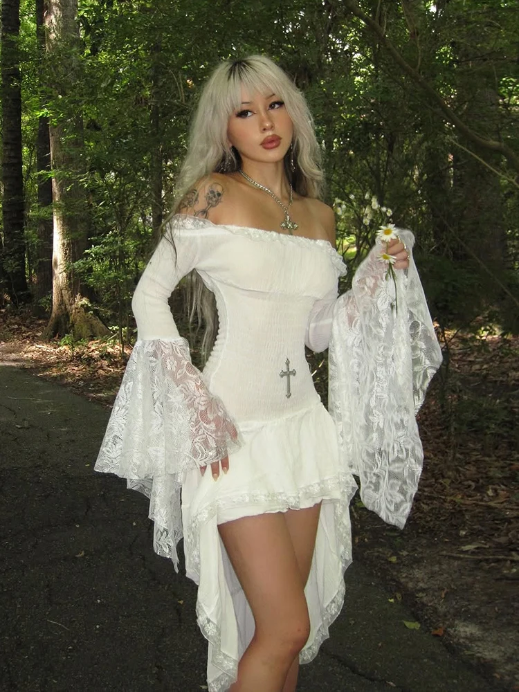 Vestido de estilo elegante de Kliou Y2K, vestido de mujer con escote en la espalda sin espalda, con retazos, manga acampanada, estilo dulce, fiesta de cumpleaños a la moda Bodycon