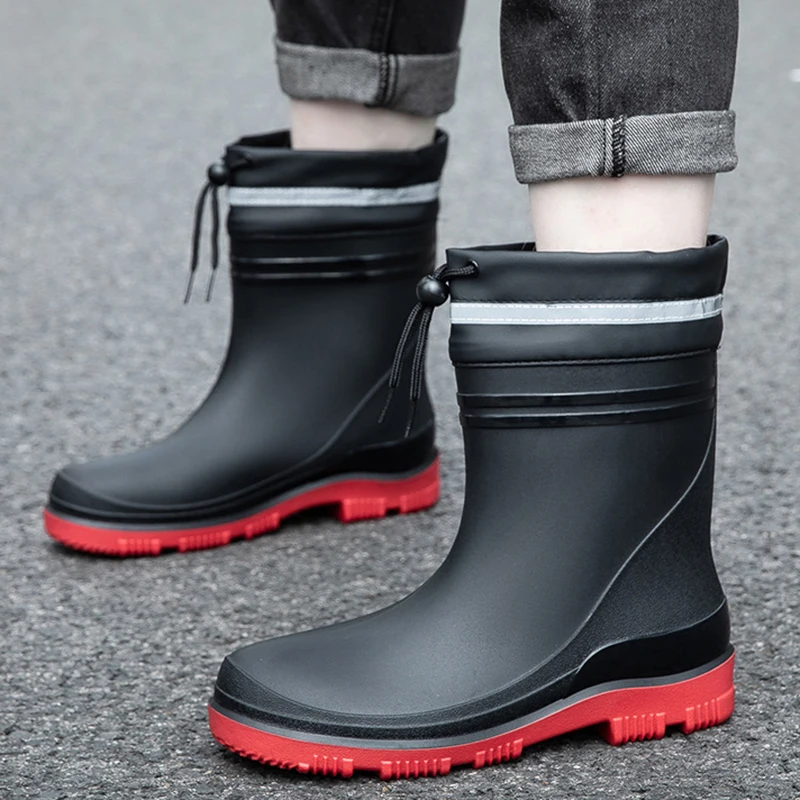 

New Mid-calf Rain Boots Men Slip-On Waterproof Rubber Rain Shoes Work Mud Boots Warm Durable Non-Slip Boots Farming Fishing Camp