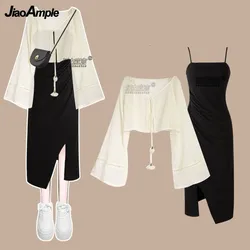 Women Summer New Dress Matching Set Korean Elegant Sunscreen Chiffon Shirt+Sexy Split Strap Skirt Two Piece Female Clothing Suit