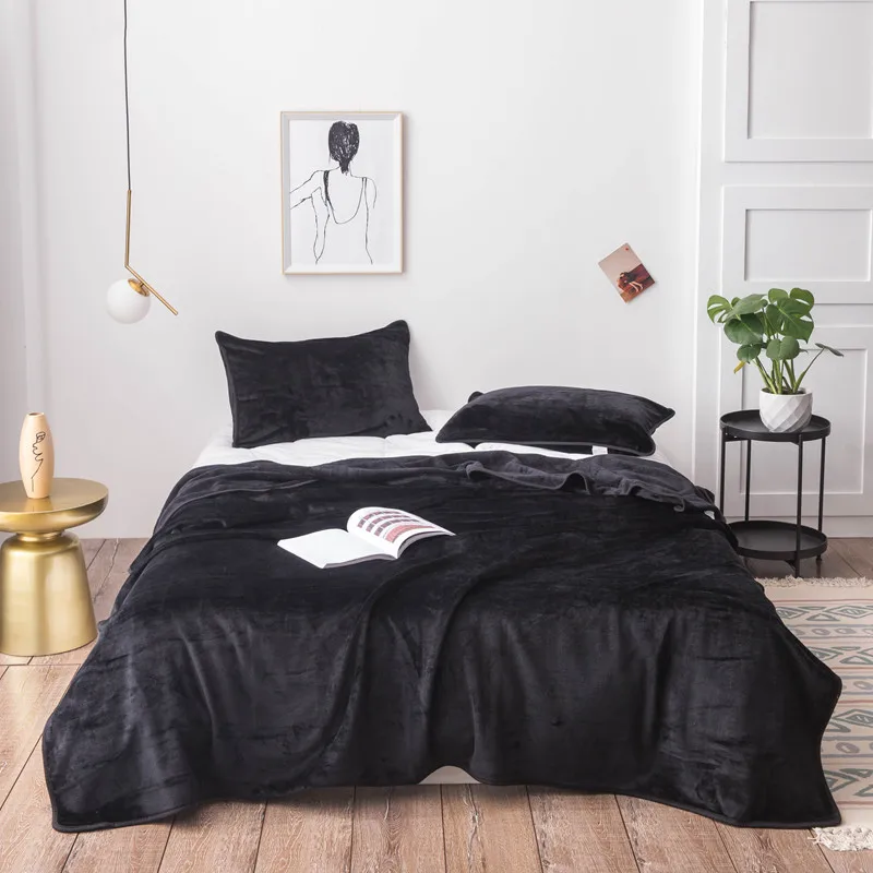 

1pc Black Blanket Flannel Plaid Bed Blankets Plain Color Bedsheet Sofa Towel Nap Shawl Soft Blanket Plaids manta (No Pillowcase)