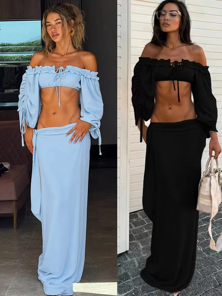

Weird Puss Chic Tassel 2-Piece Set Women Slash Neck Shirring Long Sleeve Bandage Crop Tops+Ribbon Skirts Vacation Birthday Suit
