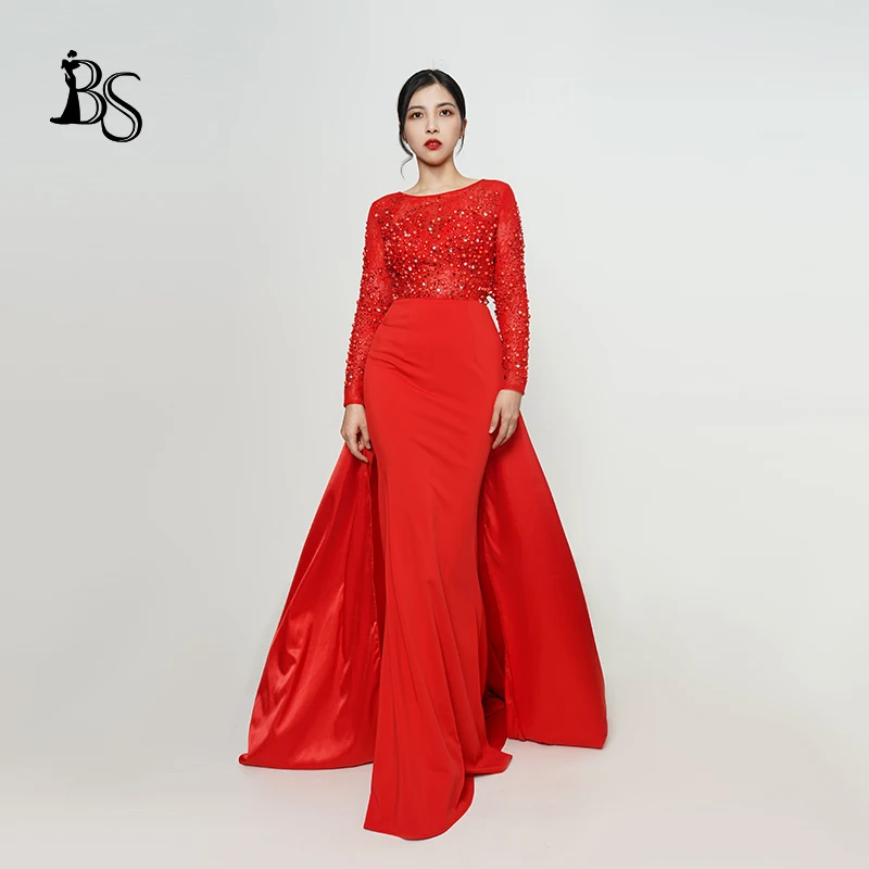 Baisha-vestido de noche rojo personalizado para mujer, conjunto de 2 piezas con cinta trasera desmontable, falda larga con cuentas de lujo, 160304