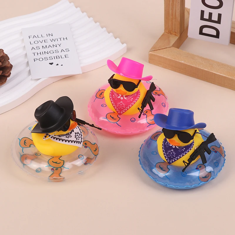 1 Set Office And Home Duck Decoration Ornaments With Swim Ring Hat Rubber Duck For Car Dashboard Squeaky Duck Bath Toy