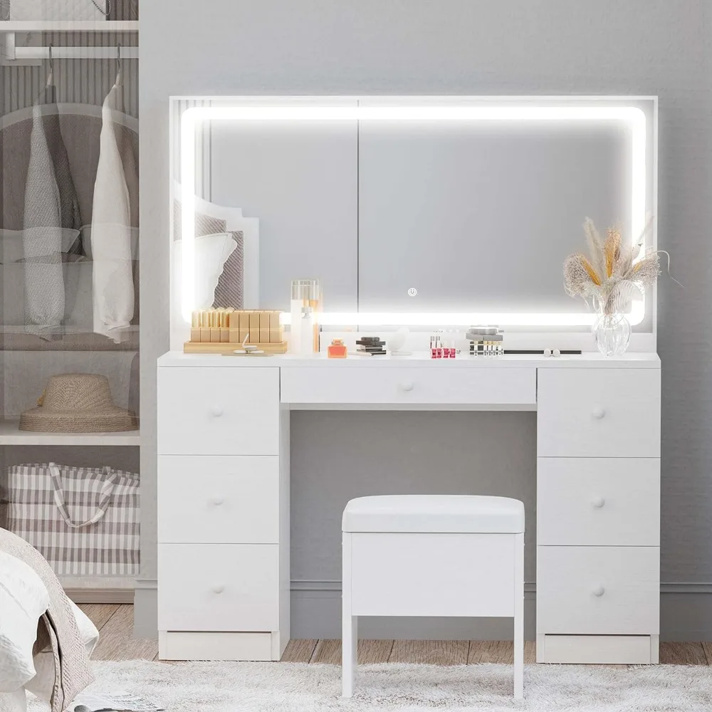Vanity Desk Set with LED Lighted Mirror & Power Outlet, 7 Drawers Makeup Vanities Dressing Table with Stool, for Bedroom, White