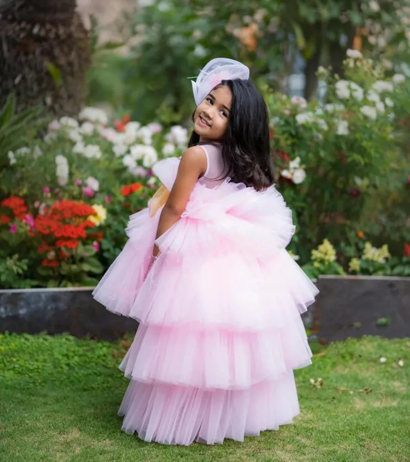 

Handmade Pink Flower Girls Dress Tutu Layers Tulle Puffy Birthday Dress First Communion Dress with Train