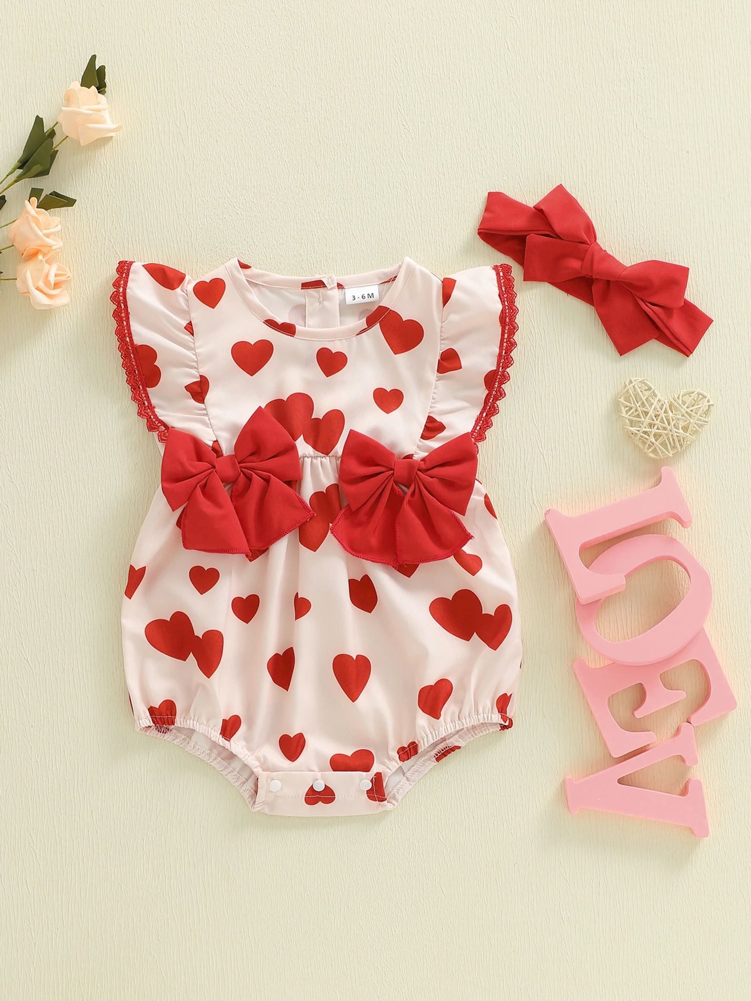 

Adorable Toddler Girls 2 Piece Set Stylish Flutter Sleeves Round Neck Pink Floral Print Romper with Matching Hair Bow