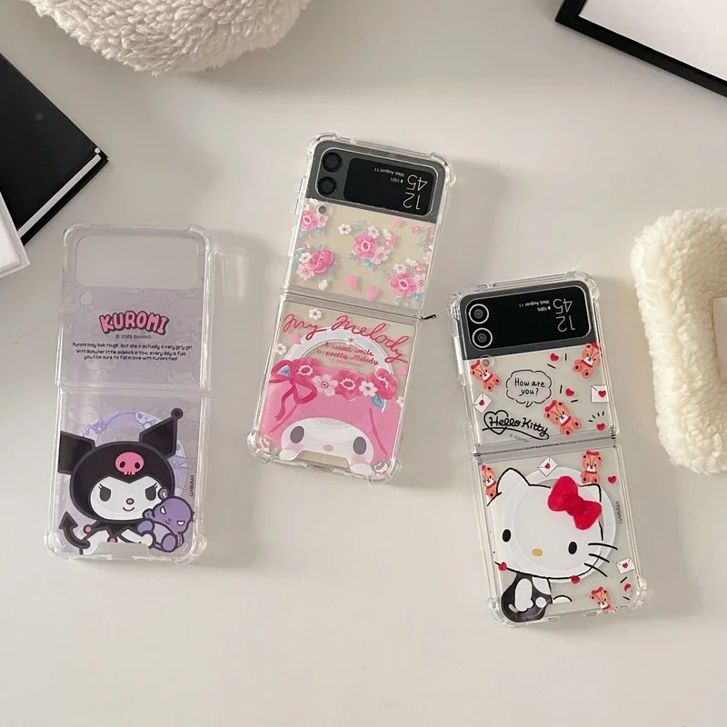 Sanrio Hello Kitty Kuromi Melody Magnetic Holder Magsafe Wireless Charge Phone Case For Samsung Galaxy Z Flip 5 4 3 Hard Cover