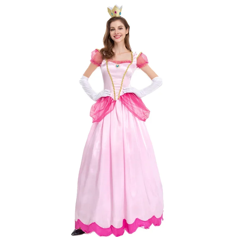 2025 New Women Girls Princess Peach Beech Pink Adult Sexy Fairy Tale Palace Long Dress Performance Cosplay Costume RER23 RQR78