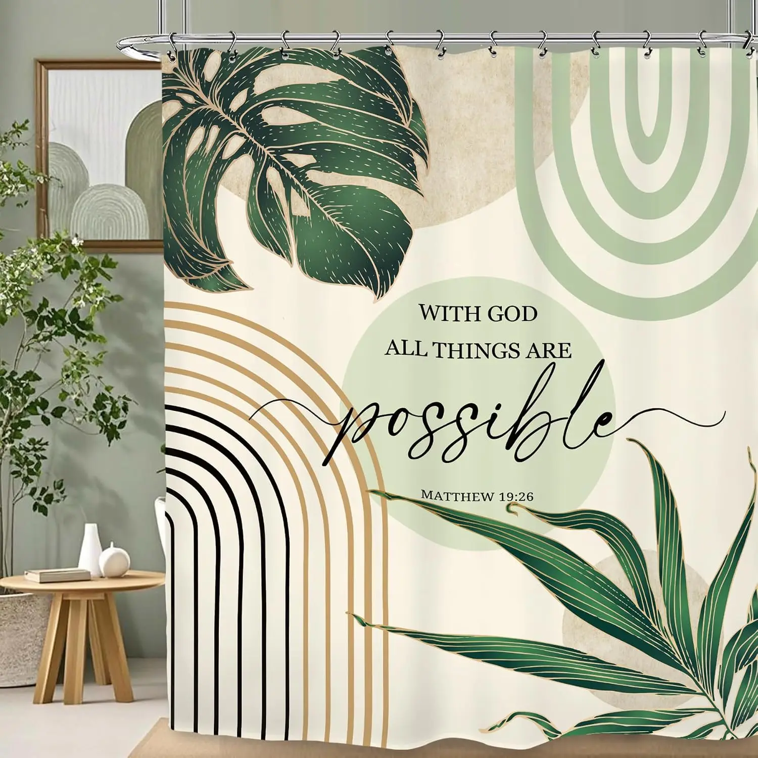 Boho Tropical Leaf Pattern Inspirational Shower Curtain Boho Bathroom Decor Scripture Print 72x72 Inches Green Neutral Aesthetic