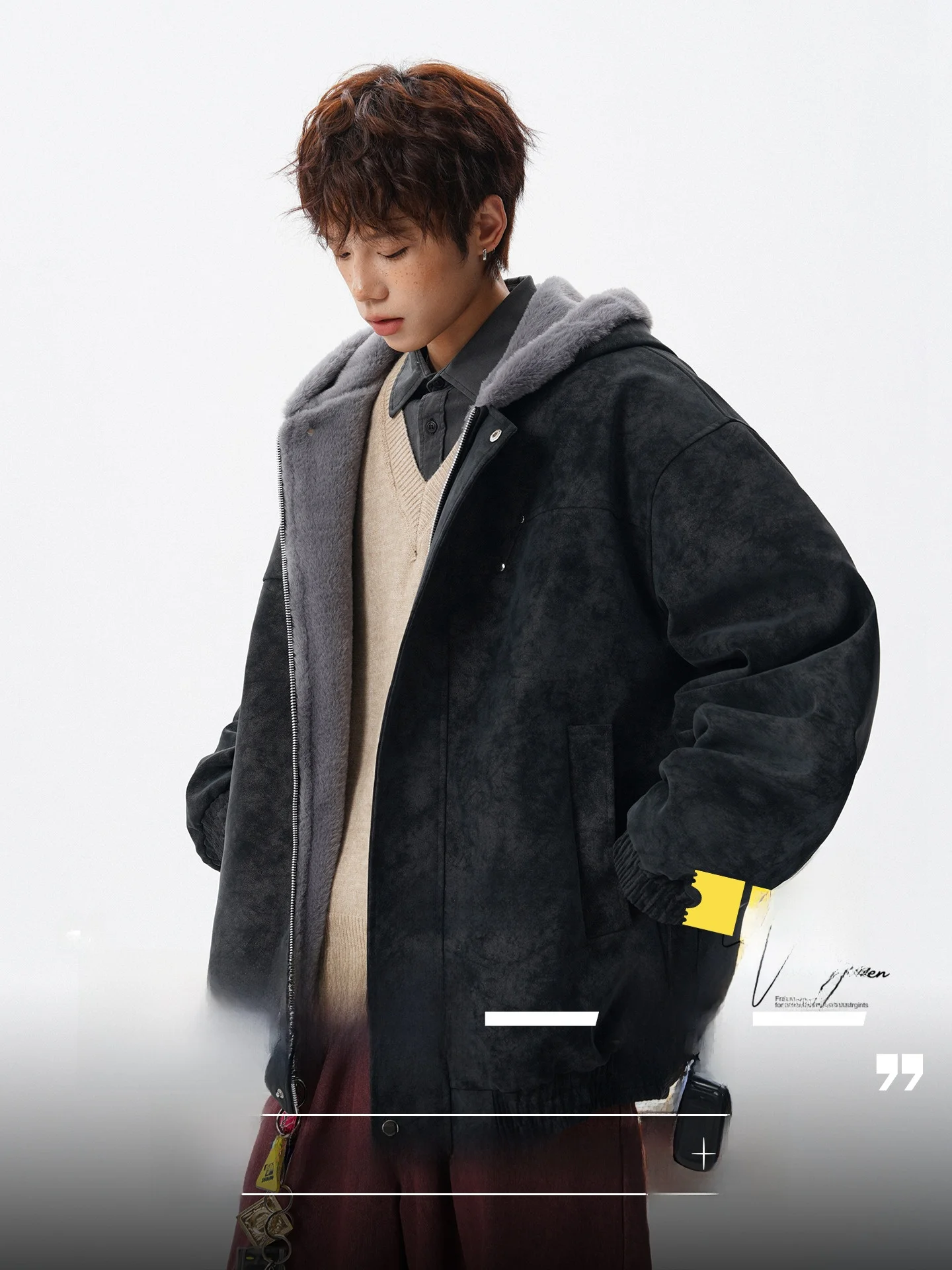 

V37 American Sle Dyeing PU Leather Hooded Cotton Jaet Men Winter Thiened Loose Casual Warm Outerwear