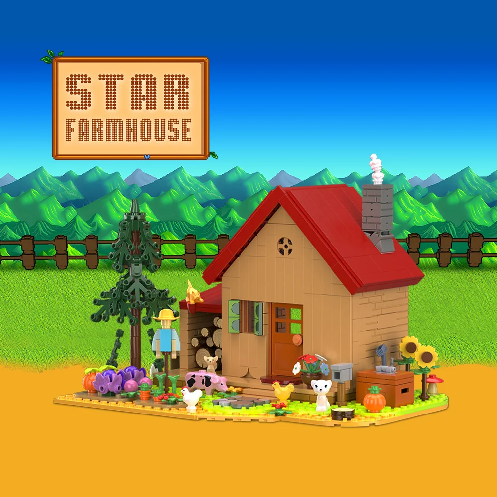 

MOC Stardew Valley Farmhouse Building Block Valley Farm Game DIY Village Farm House с животными, растениями, кирпичная игрушка для взрослых, подарок