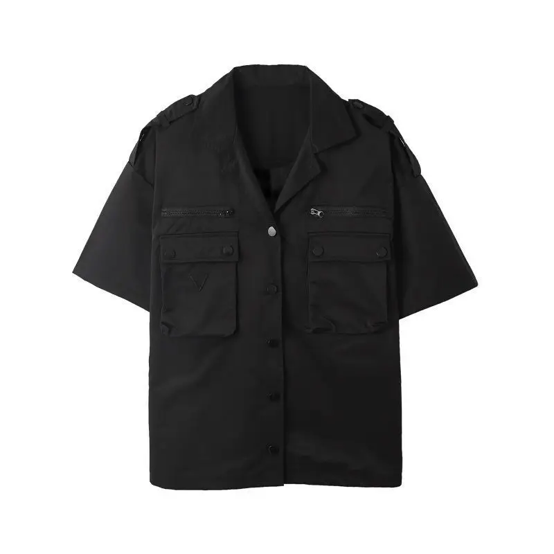 Camisa de manga corta para hombre, camisa holgada japonesa de media manga, estilo de trabajo funcional con múltiples bolsillos, marca de moda