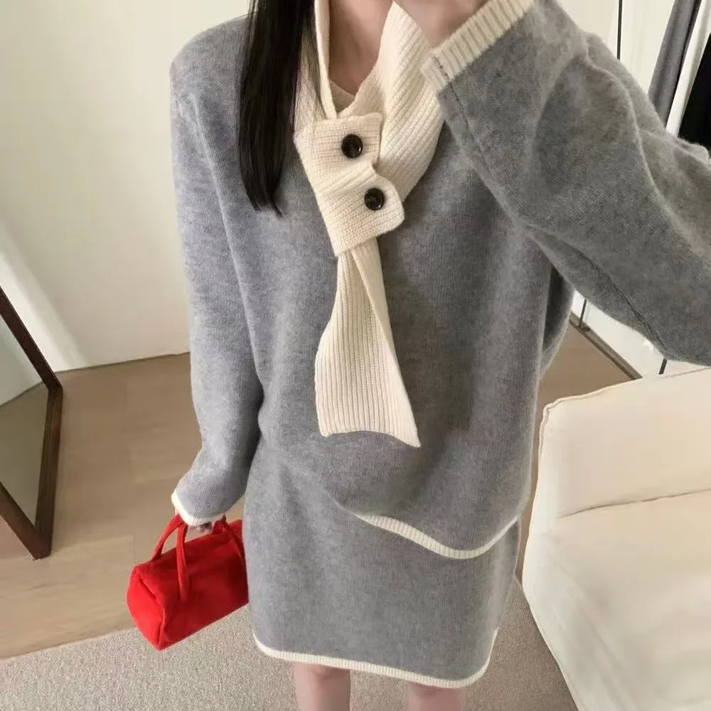 

Winter New mat Korean Sle Women's Sweater And ort Skirt Two-Piece Set with Tie Casual Contrast Color Ladies Knitwear