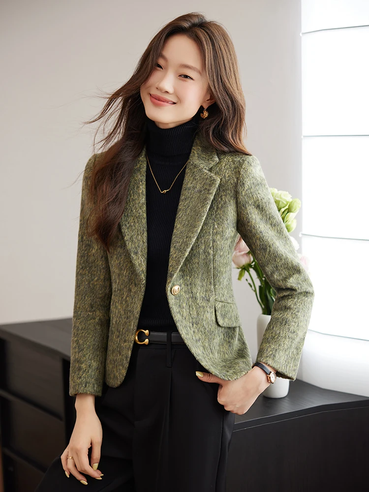 Ladies Green Woolen Suit Jacket Casual Style Spring Autumn Fashionable Small Size High-End Feeling Commute Suitable