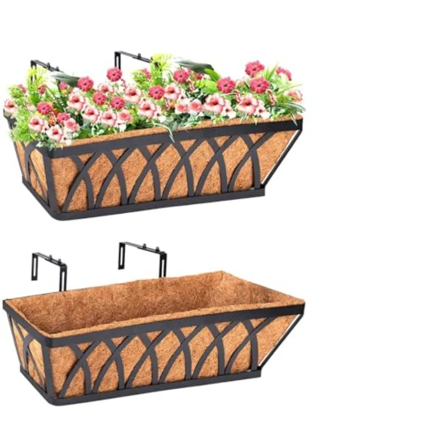 

Deck railing planter for outdoor lawn use, coconut coir liner, black metal, weather-resistant design with secure rail clamp