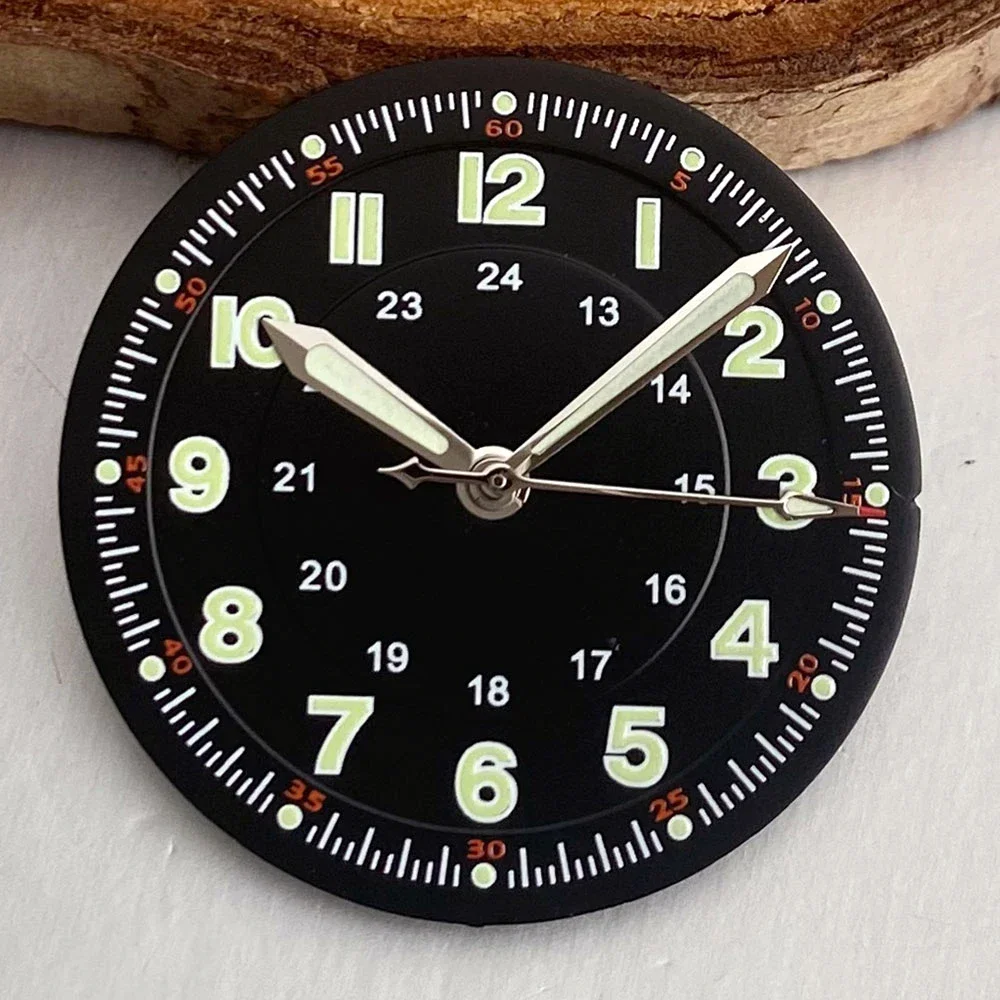 29mm Pilotenuhr-Zifferblatt mit schwarzen Zeigern für NH35 NH36 ETA2824 PT5000 ST2130 Miyota 8215, grün leuchtende Taucheruhr-Teile – Detail 3