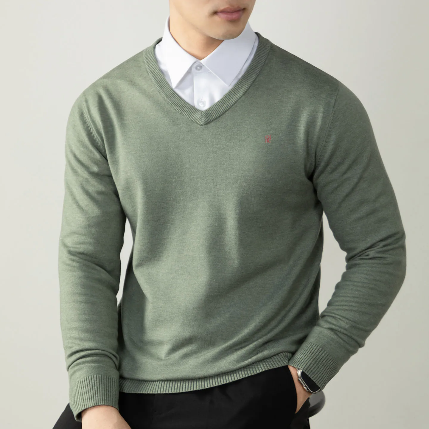 CH V-Ausschnitt Strickpullover Langarm Gerippte Manschetten Fein Gestrickter Stoff Regular Fit Business Casual Strickoberteil – Detail 9