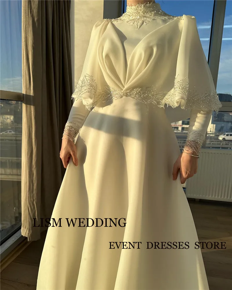 LISM Modeest Ivory Muslim Arabic Women Wedding Dresses Flare Long Sleeves Silk Organza High Neck Applique Bridal Gowns