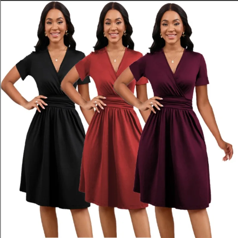 Women Sexy V-Neck Geometric Pattern Short Sleeve Summer Beach Vacation Knee Length Large Swing Evening Party A-Line Dress