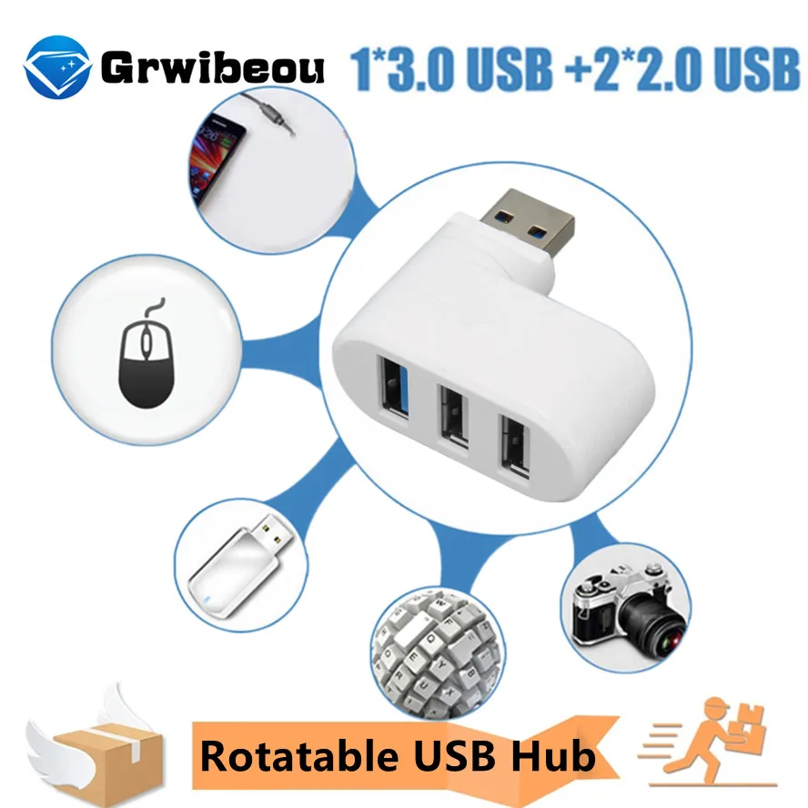 3-Port USB 3.0 Hub 90°/180° Degree Rotatable USB Splitter USB Extender for Laptop Car iMac MacBook Air MacBook Pro and More