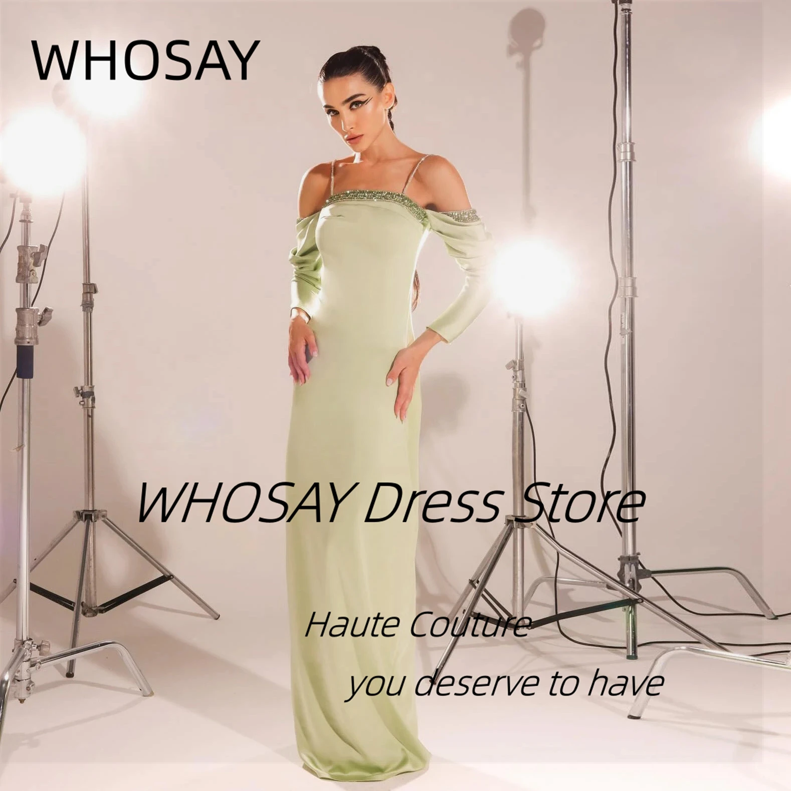 

WHOSAY Bespoke Beaded Long Sleeves Prom Dresses Zipper Back Slit Evening Party Special Occasion Vestidos Des Noches