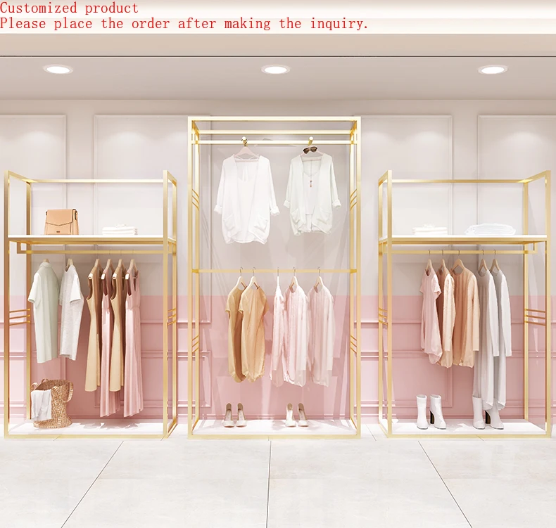 

Custom Garment Store Boutique Heavy Duty Clothes Stand Metal Cloth Display Stainless Steel Shiny Gold Clothing Rack for Shop