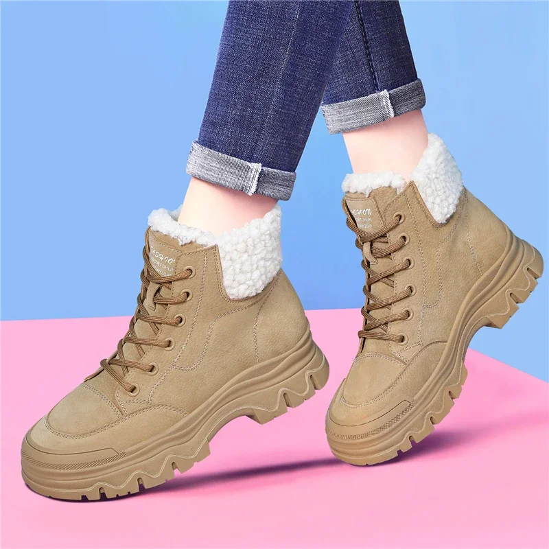 

Snow Boots Plus Velvet Trekking Footwear Winter New Women's Shoes Thick-soled Platform Shoes Genuine Leather Ankle Boots Walking