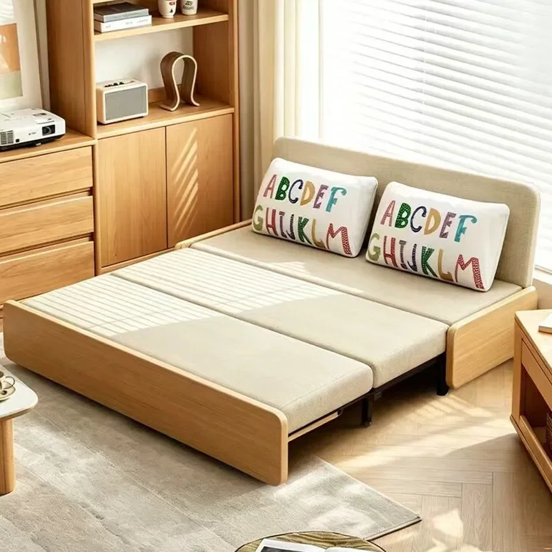Wooden Sofa Bed Folding Single Sleeper Couch Pull Out Bed for Small Living Room Apartment Space Saving Multifunctional