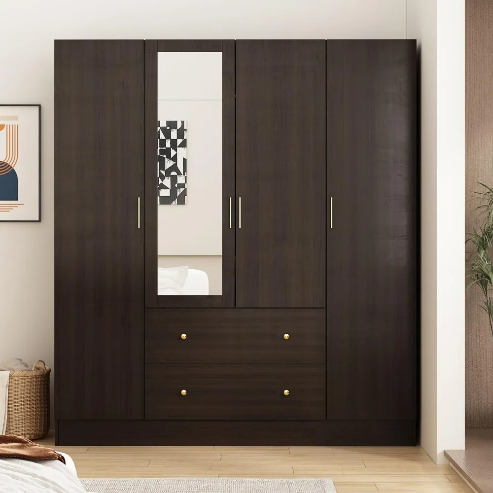 Dark Brown Wardrobe Armoire with Mirror, 5-Tier Shelves, 2 Drawers, 2 Hanging Rods and 4 Doors