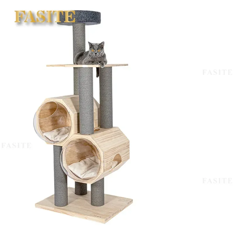 For Finnish Pine Capsule Hotel Cat Climber Scratching Post with Paw Board Toy Nest Bed Durable Multi-level Activity Center