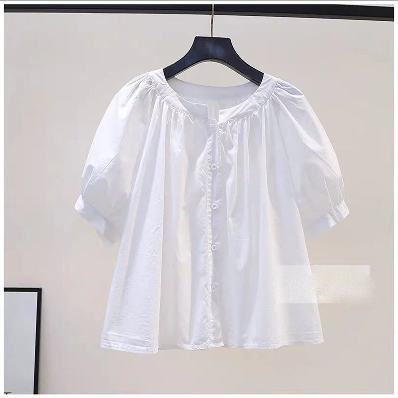 Fashion O-Neck Button Solid Color Folds Lantern Sleeve Shirts Female Clothing 2024 Summer New Loose Korean Tops Casual Blouses
