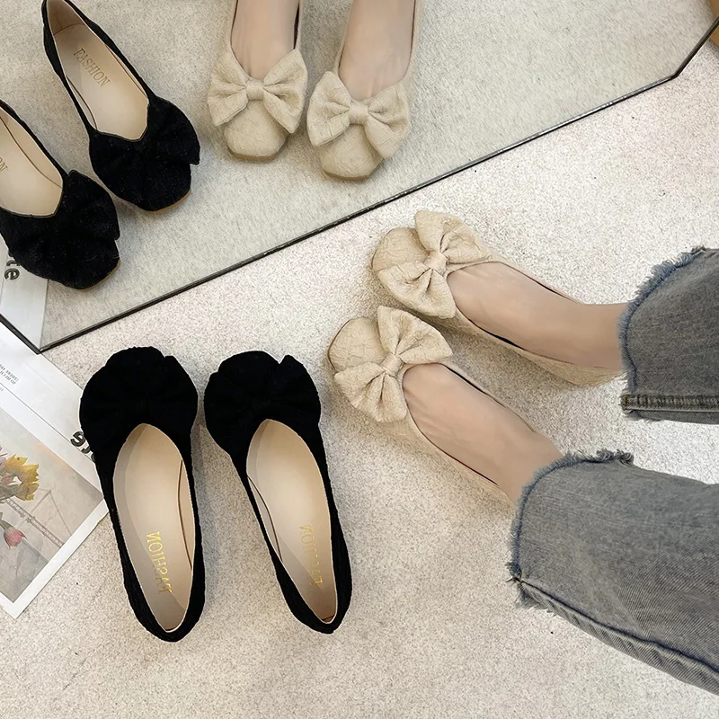 Women's Flat Bottom Bean Shoes Spring Autumn Soft Sole Low Cut Versatile Fairy Style Casual Flats Korean Style Slip-On