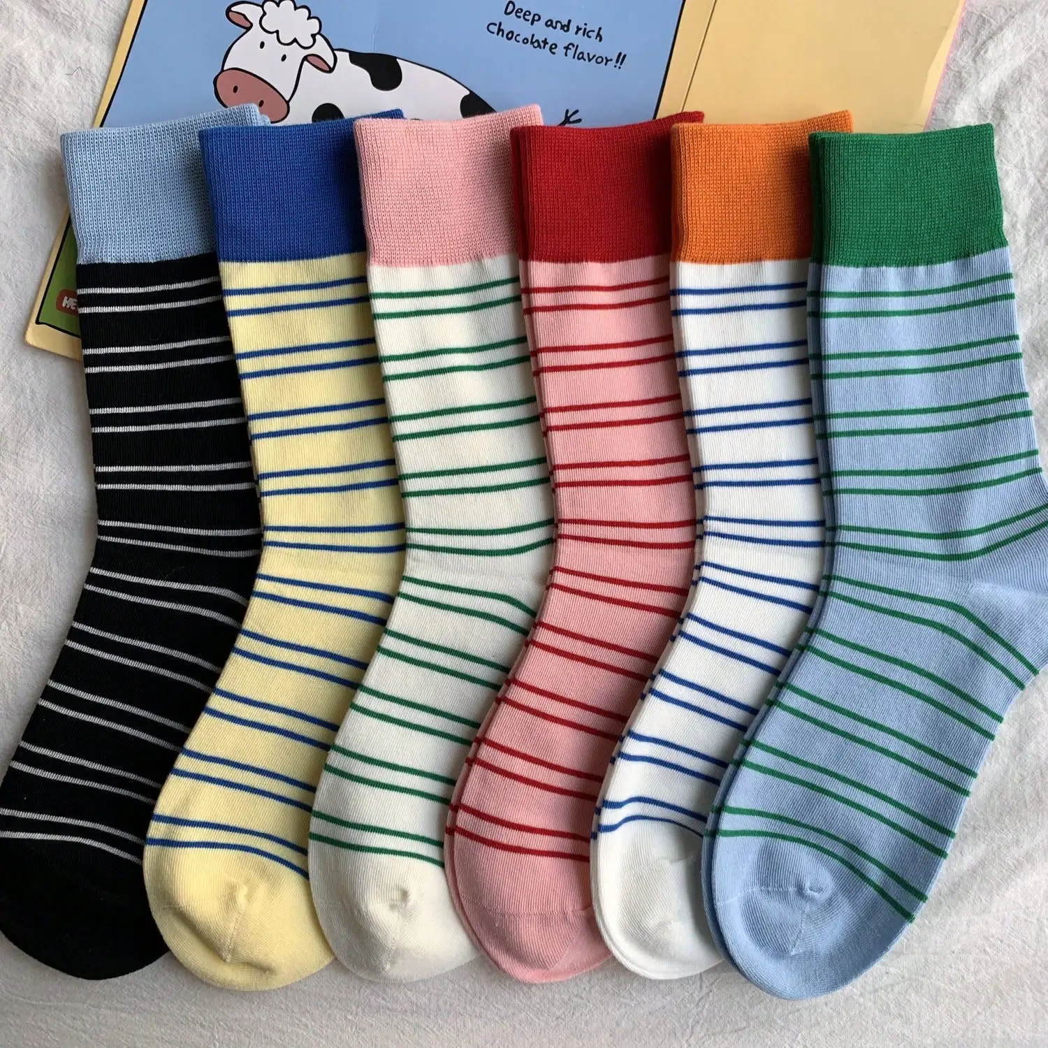 5 Pairs Women Colorful Striped Mid Tube Socks Spring Autumn Sweat Absorbing Breathable Dopamine Color Matching Casual Socks